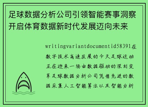 足球数据分析公司引领智能赛事洞察开启体育数据新时代发展迈向未来